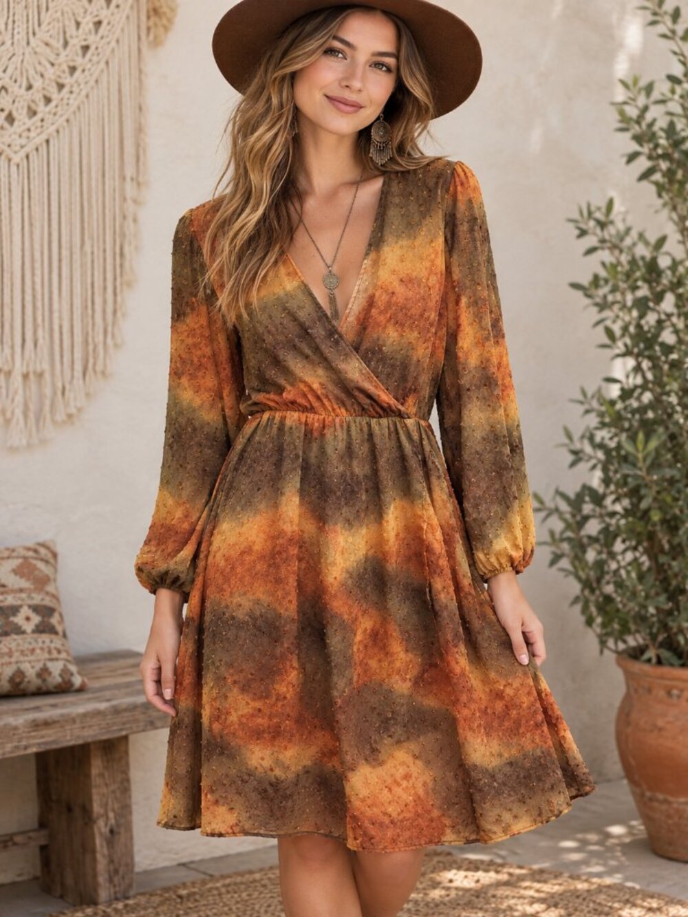 Modern Identity Design Wrap Dress Women's Size L Rust Brown Olive Long Sleeve